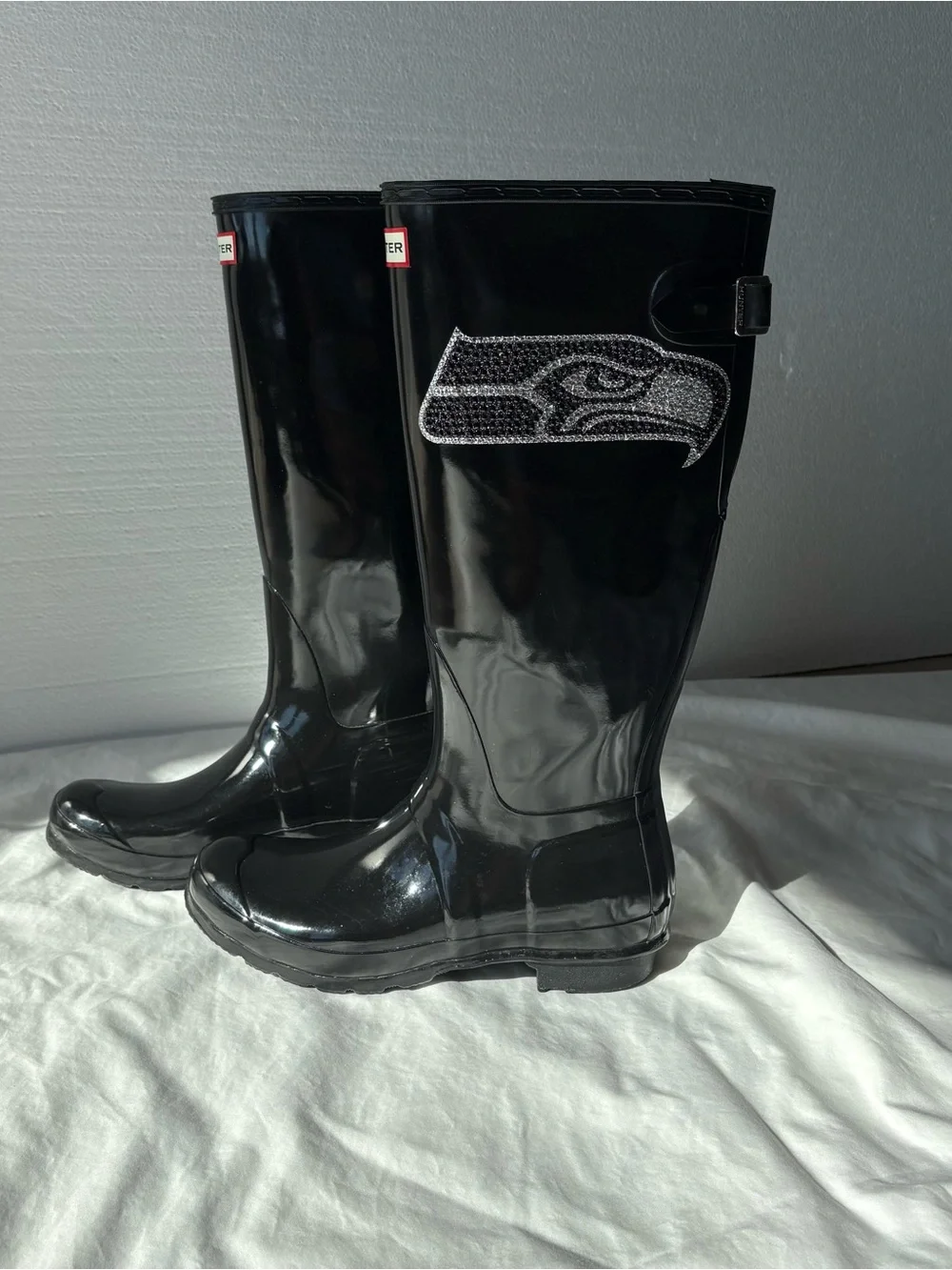 Seahawks Womens Hunter Tall Glossy Black Rainboots, size 10